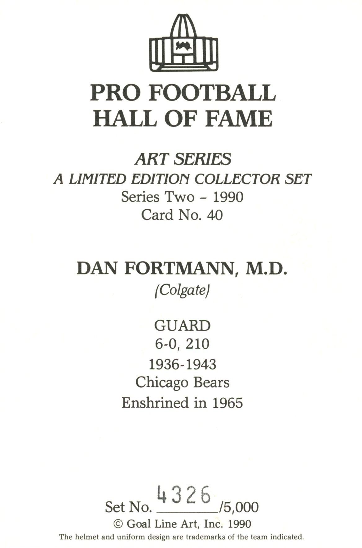 Dan Fortmann Chicago Bears Goal Line Art Card Series 2 No Dan Fortmann Chicago Bears Goal Line Art Card Series 2 No. 40 LE /5000 58069