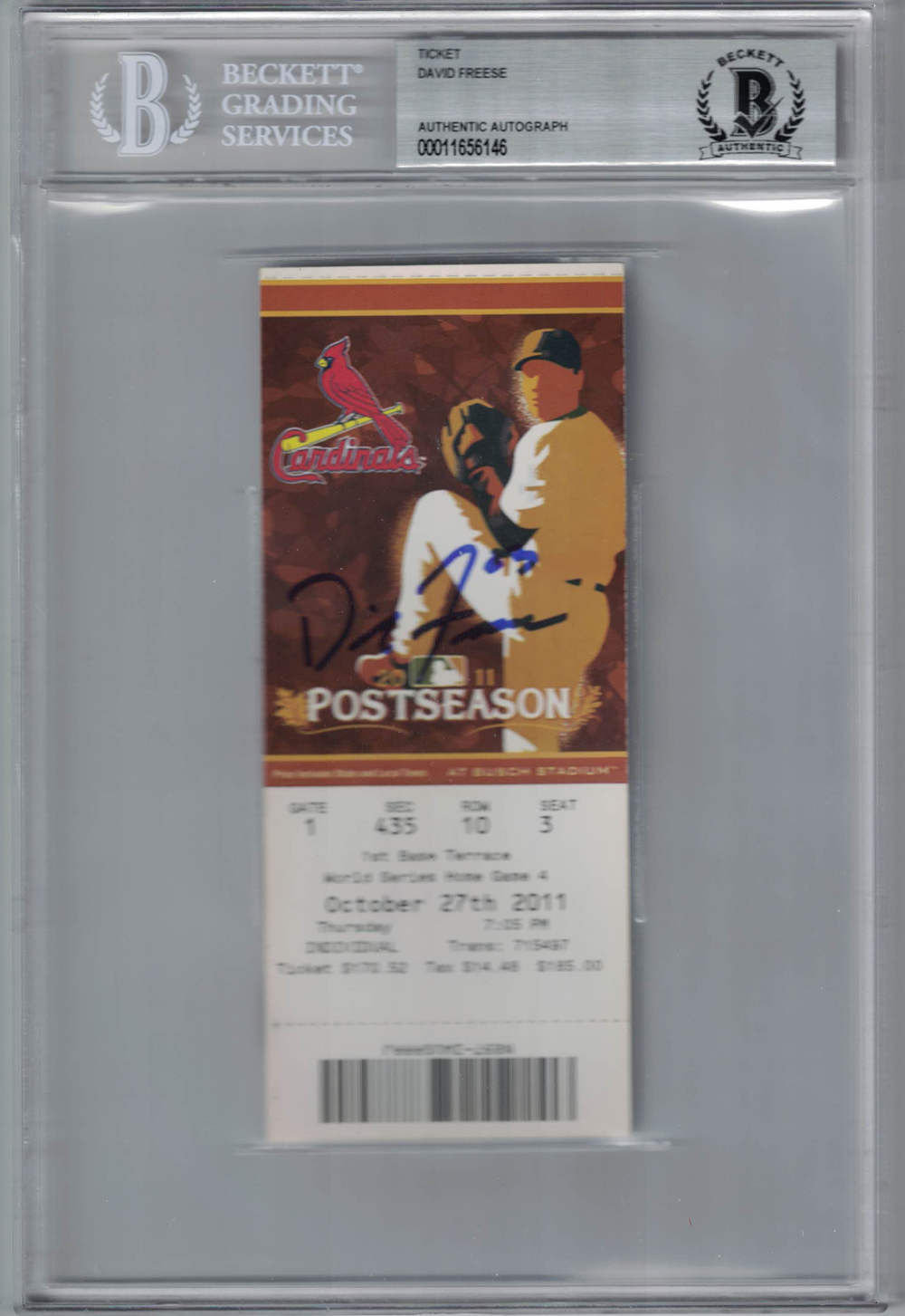 David Freese Autographed/Signed 2011 World Series Game 7 Ticket BAS Slab 25243