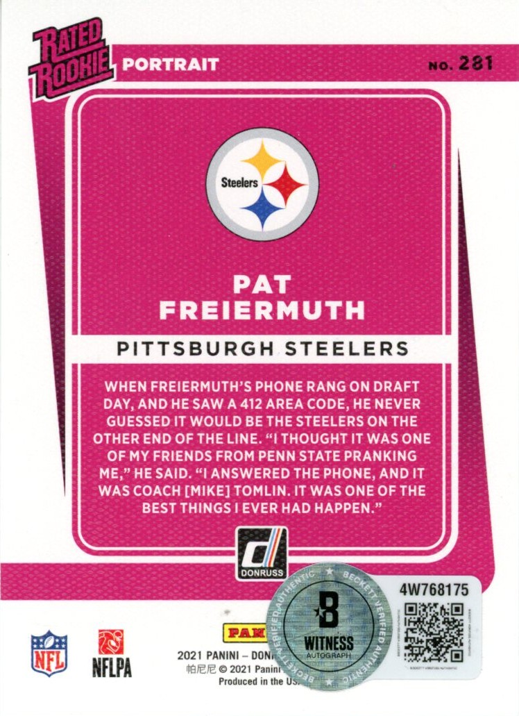 Pat Freiermuth Signed 21 Donruss Rated Rookie Gold Foil #281 Card Beckett 57003 2 Pat Freiermuth Signed 21 Donruss Rated Rookie Gold Foil #281 Card Beckett 57003