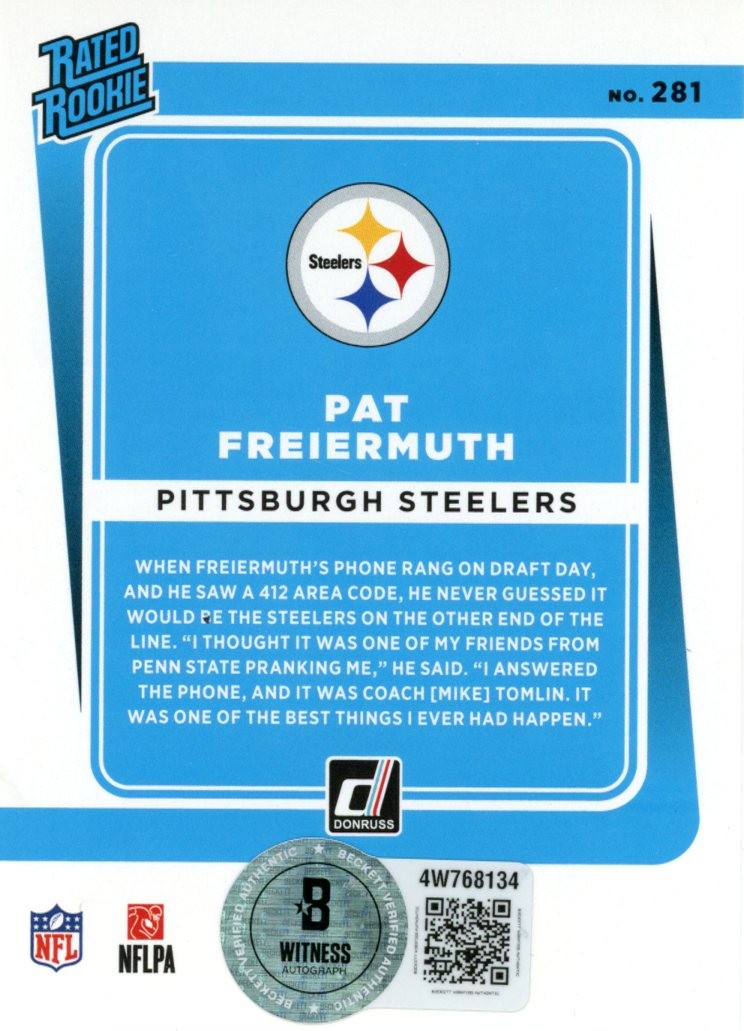 Pat Freiermuth Autographed 2021 Donruss Rated Rookie #281 Card Beckett 56999 2 Pat Freiermuth Autographed 2021 Donruss Rated Rookie #281 Card Beckett 56999