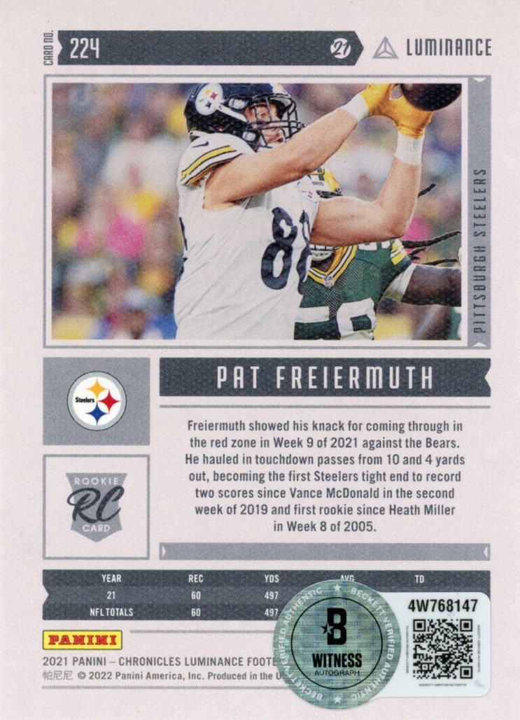Pat Freiermuth Signed 2021 Chronicles Luminance #224 Card Beckett Witness 57017 2 Pat Freiermuth Signed 2021 Chronicles Luminance #224 Card Beckett Witness 57017