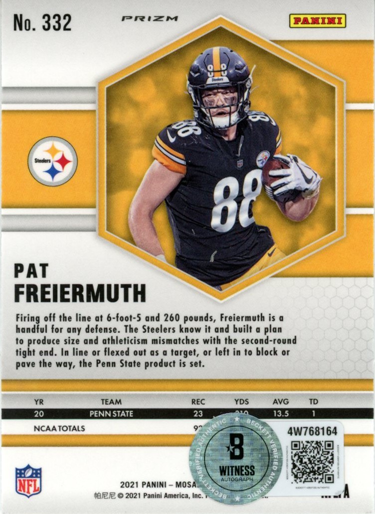 Pat Freiermuth Signed 21 Panini Mosaic Reactrive Blue #332 Card Beckett 56990 2 Pat Freiermuth Signed 21 Panini Mosaic Reactrive Blue #332 Card Beckett 56990