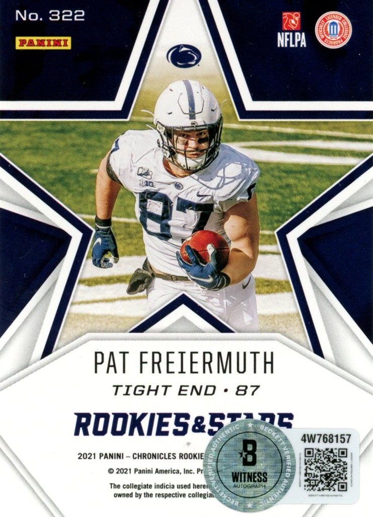 Pat Freiermuth Autographed 21 Panini Chronicles Rookie&Stars #322 Beckett 56973 2 Pat Freiermuth Autographed 21 Panini Chronicles Rookie&Stars #322 Beckett 56973