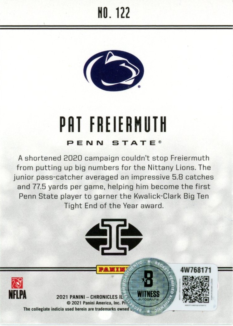 Pat Freiermuth Autographed 2021 silver Chronicles Illusions #122 Beckett 56970 2 Pat Freiermuth Autographed 2021 silver Chronicles Illusions #122 Beckett 56970