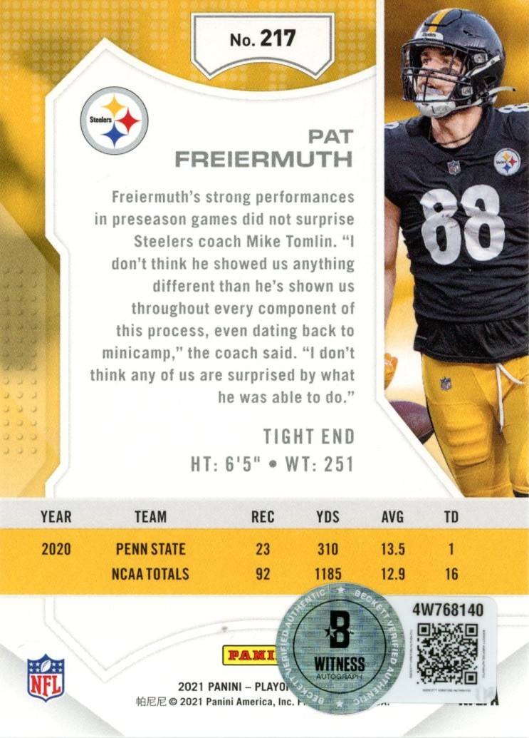 Pat Freiermuth Autographed 2021 Panini Playoff #217 Card Beckett Witness 56992 2 Pat Freiermuth Autographed 2021 Panini Playoff #217 Card Beckett Witness 56992