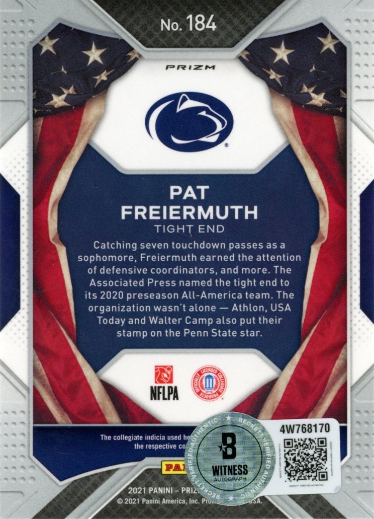 Pat Freiermuth Signed 21 Prizm Draft Picks USA Green #184 Card Beckett 56991 2 Pat Freiermuth Signed 21 Prizm Draft Picks USA Green #184 Card Beckett 56991