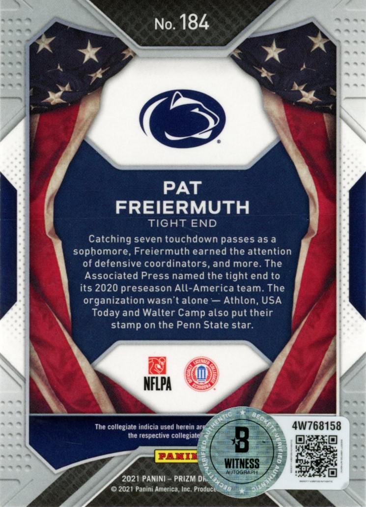 Pat Freiermuth Autographed 21 Panini Prizm Draft Picks USA #184 Beckett 56976 2 Pat Freiermuth Autographed 21 Panini Prizm Draft Picks USA #184 Beckett 56976
