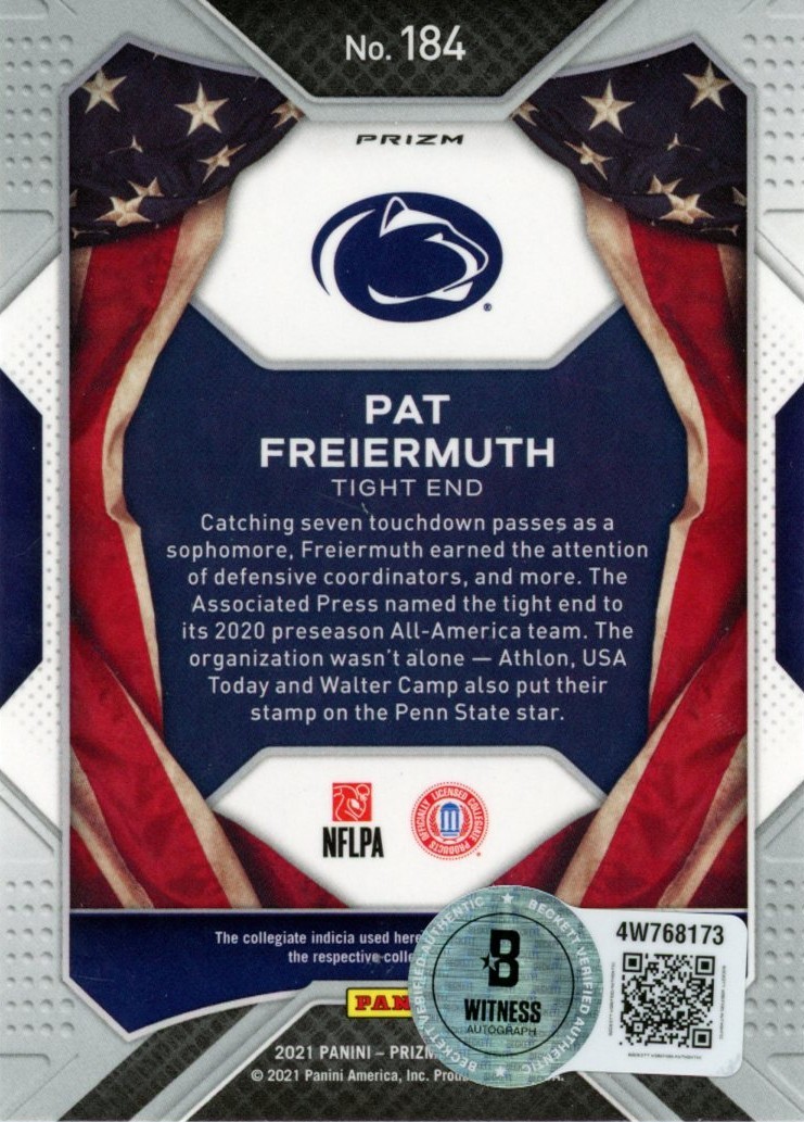 Pat Freiermuth Signed 21 Prizm Draft Pick USA Red Cracked Ice #184 Beckett 56978 2 Pat Freiermuth Signed 21 Prizm Draft Pick USA Red Cracked Ice #184 Beckett 56978