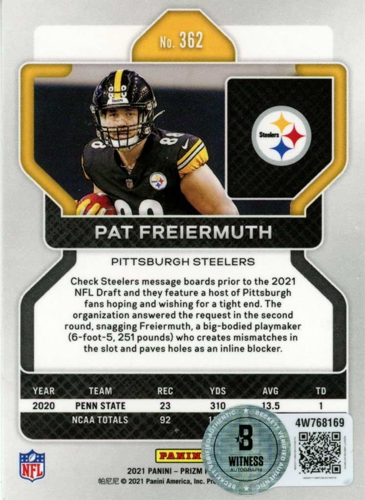 Pat Freiermuth Autographed 2021 Panini Prizm #362 Card Beckett Witness 56988 2 Pat Freiermuth Autographed 2021 Panini Prizm #362 Card Beckett Witness 56988
