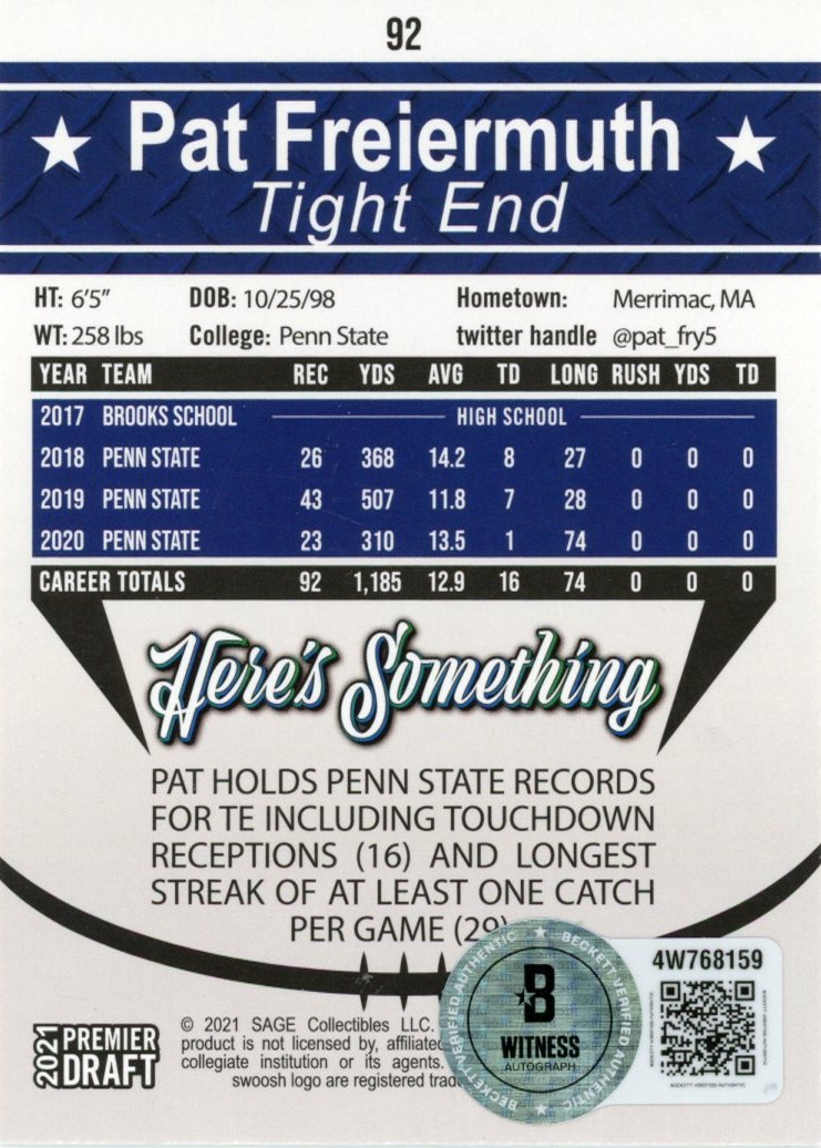 Pat Freiermuth Autographed 21 SAGE Premier Draft Black Base #92 Beckett 56969 2 Pat Freiermuth Autographed 21 SAGE Premier Draft Black Base #92 Beckett 56969