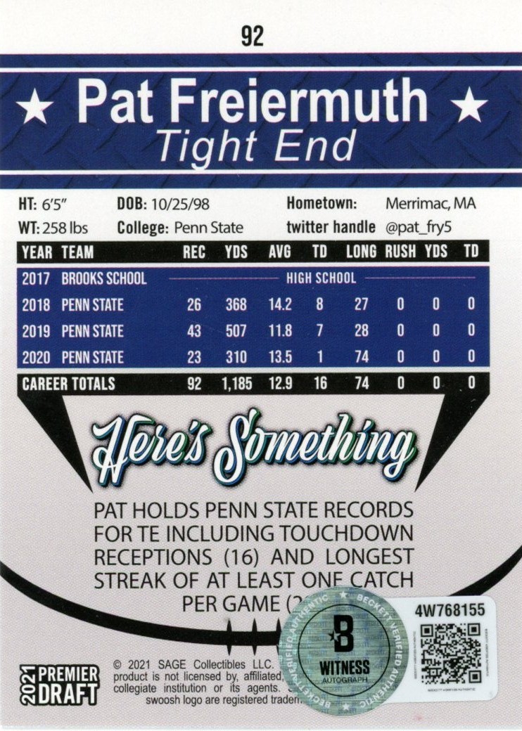 Pat Freiermuth Autographed 21 SAGE Premier Draft Red Base #92 Card Beckett 56968 2 Pat Freiermuth Autographed 21 SAGE Premier Draft Red Base #92 Card Beckett 56968
