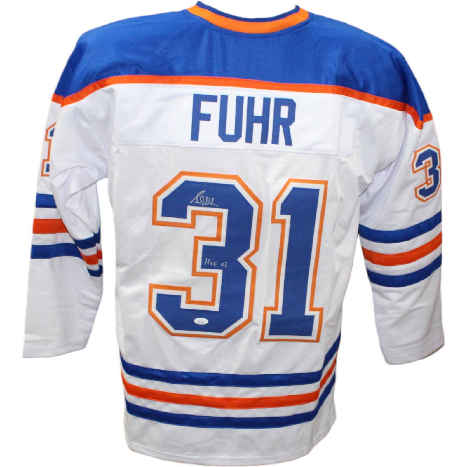 Grant Fuhr Autographed/Signed Pro Style White Jersey HOF JSA 
