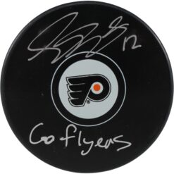 Simon Gagne Autographed/Signed Philadelphia Flyers Logo Puck Go Flyers JSA 53983