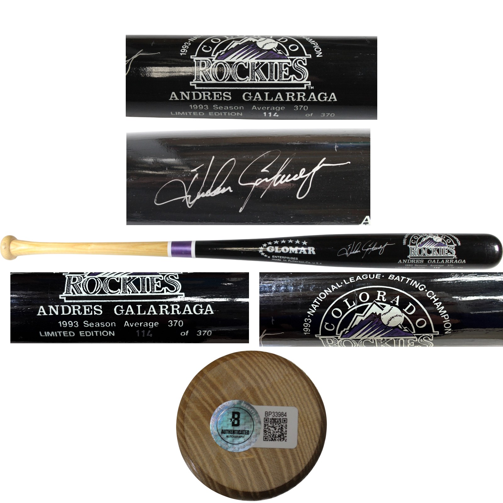Andres Galarraga Signed Colorado Rockies 93 NL Batting Champ Bat Beckett 53389