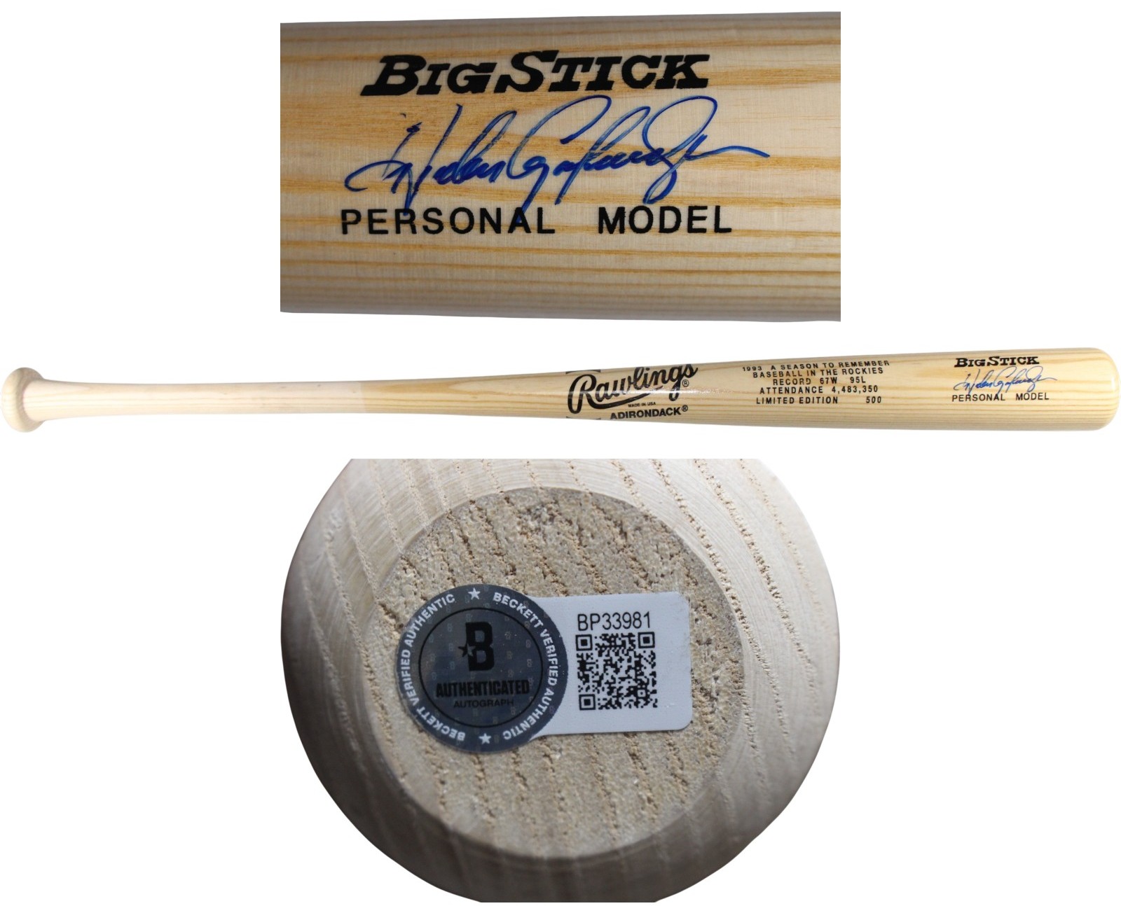 Andres Galarraga Autographed Colorado Rockies 1993 Season Bat Beckett 53388