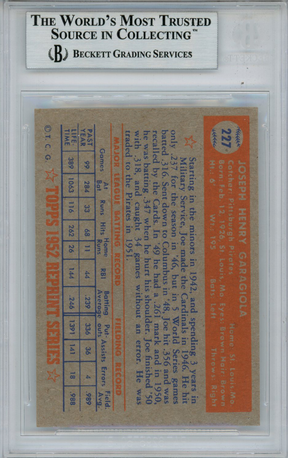 Joe Garagiola Autographed 1983 Topps 1952 Reprint #227 Card Beckett Slab