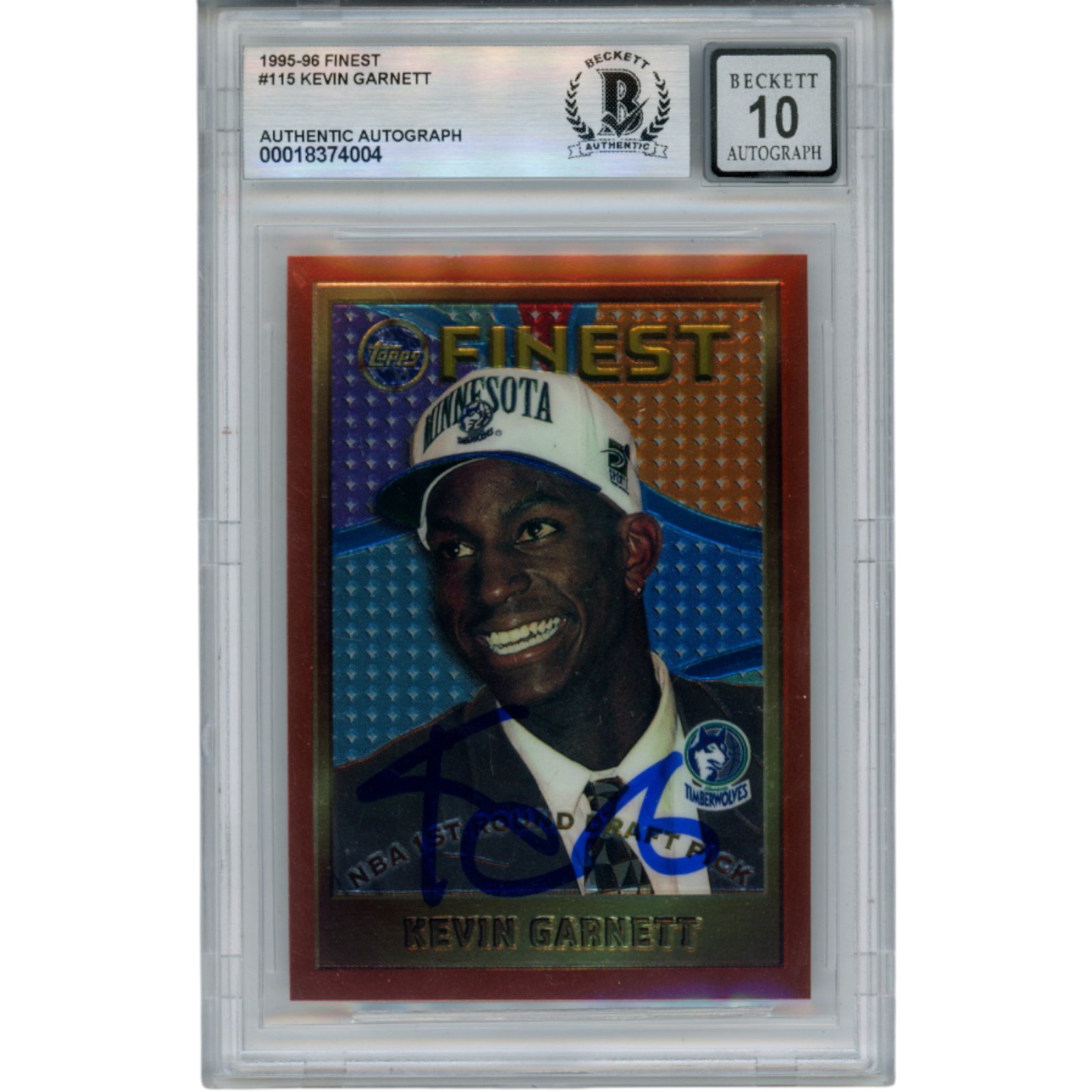 Kevin Garnett Autographed 95-96 Topps Finest #115 Trading Card Beckett 50871