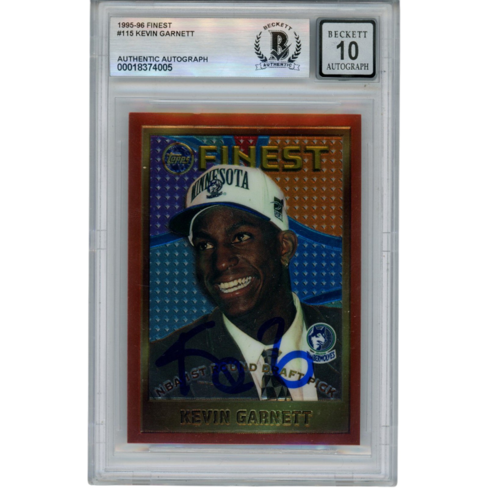 Kevin Garnett Autographed 95-96 Topps Finest #115 Trading Card Beckett 50879