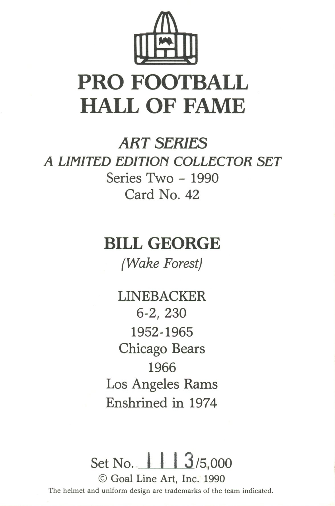 Bill George Chicago Bears Goal Line Art Card Series 2 No Bill George Chicago Bears Goal Line Art Card Series 2 No. 42 LE /5000 58072