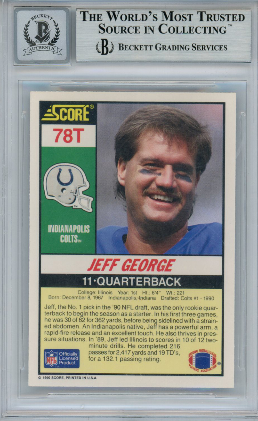 Jeff George Signed 1990 Score Supplemental #78T Rookie Card BAS 10 Slab