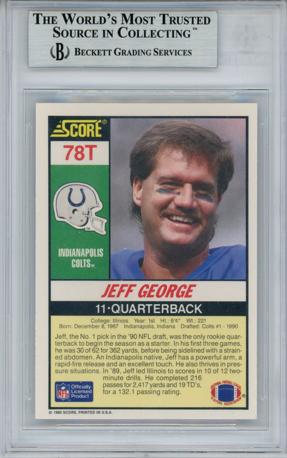 Jeff George Signed 1990 Score Supplemental #78T Rookie Card Beckett Slab