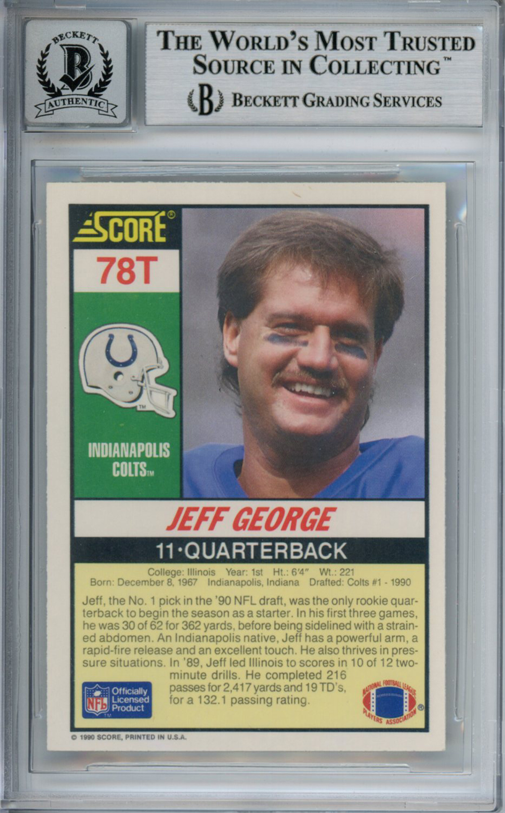 Jeff George Signed 1990 Score Supplemental #78T Rookie Card Beckett Slab