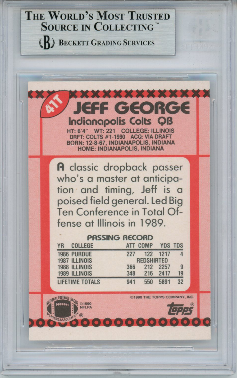 Jeff George Signed 1990 Topps Traded #41T Rookie Card Beckett Slab