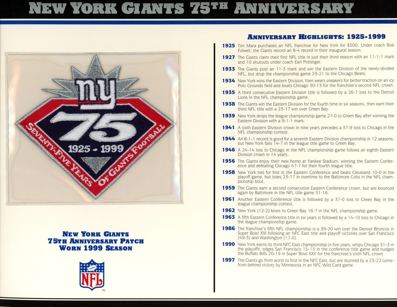 New York Giants 75th Anniversary Patch Stat Card Official Willabee & Ward