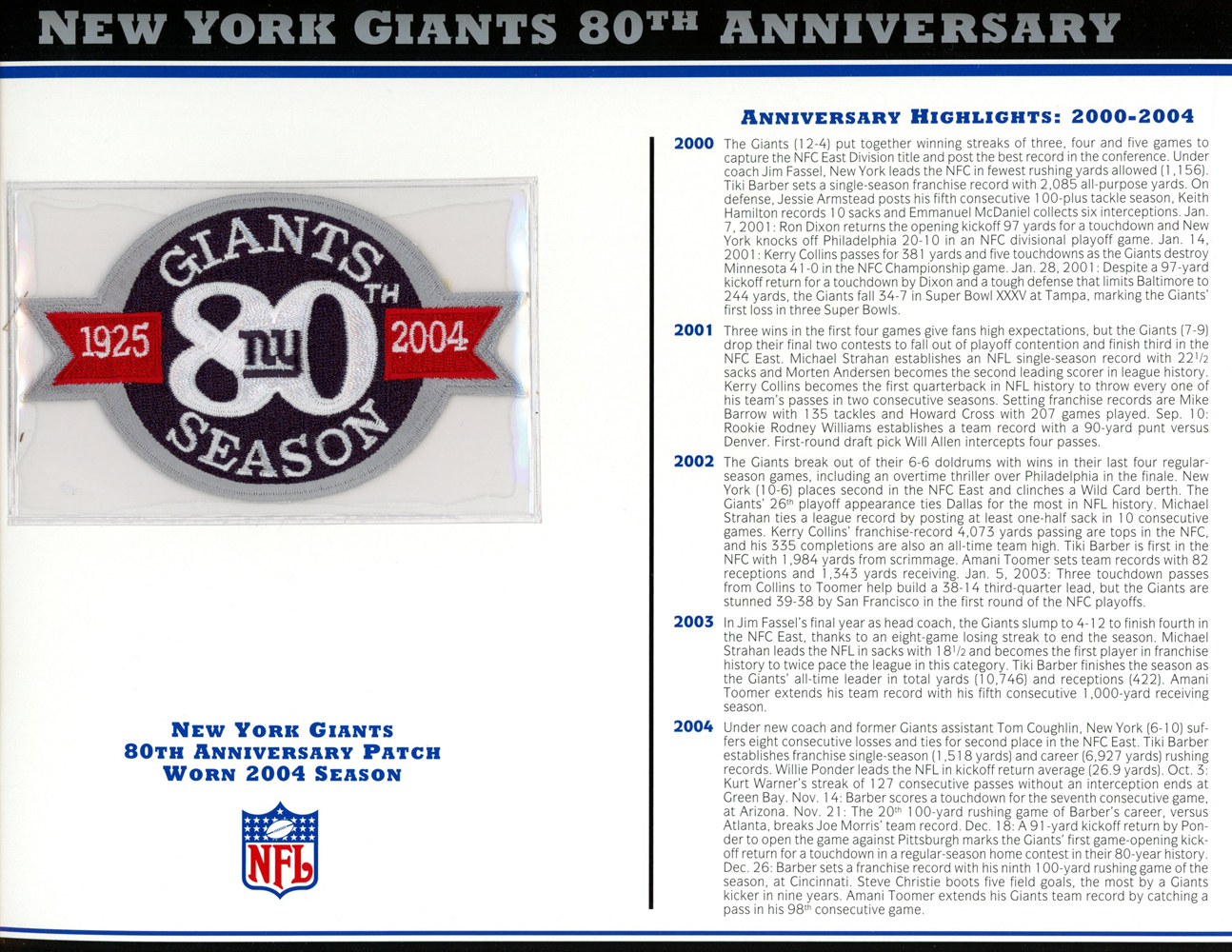New York Giants 80th Anniversary Patch Stat Card Official Willabee & Ward