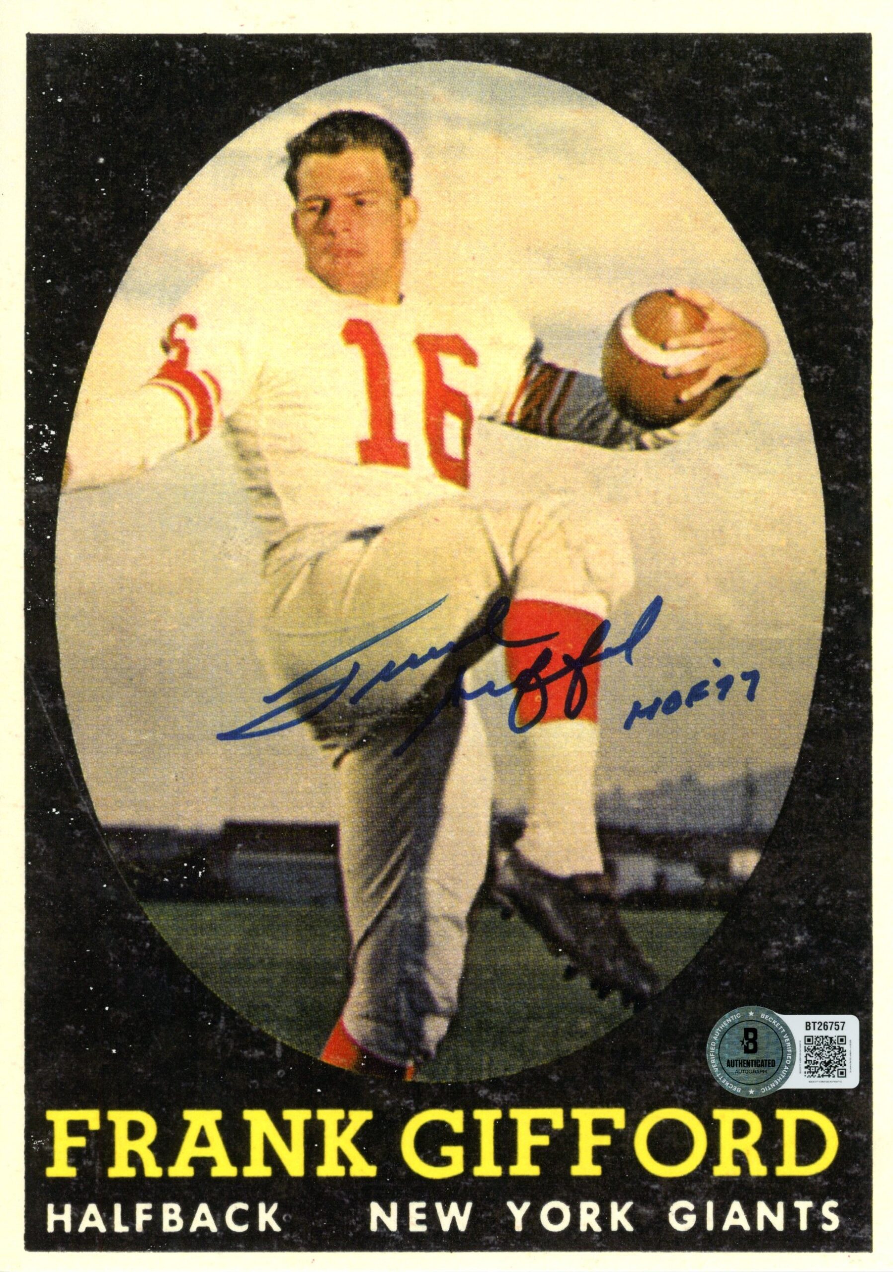 Frank Gifford Autographed New York Giants 6x9" Card Photo HOF Beckett 56861