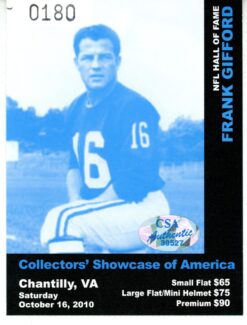 Fank Gifford Autographed/Signed New York Giants 8x10 Photo HOF Beckett 56059