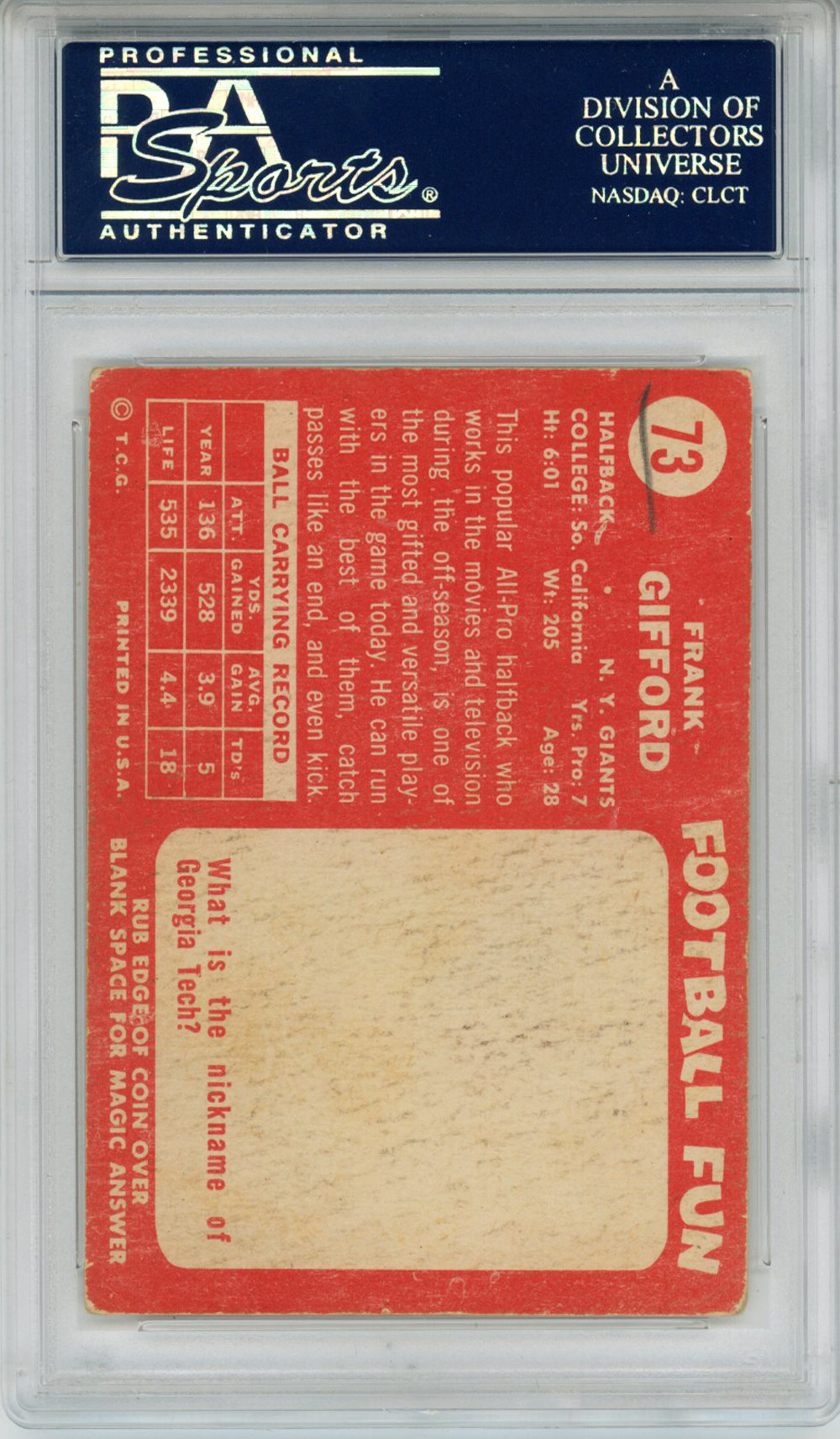 Frank Gifford Autographed 1958 Topps #73 Trading Card HOF PSA Slab