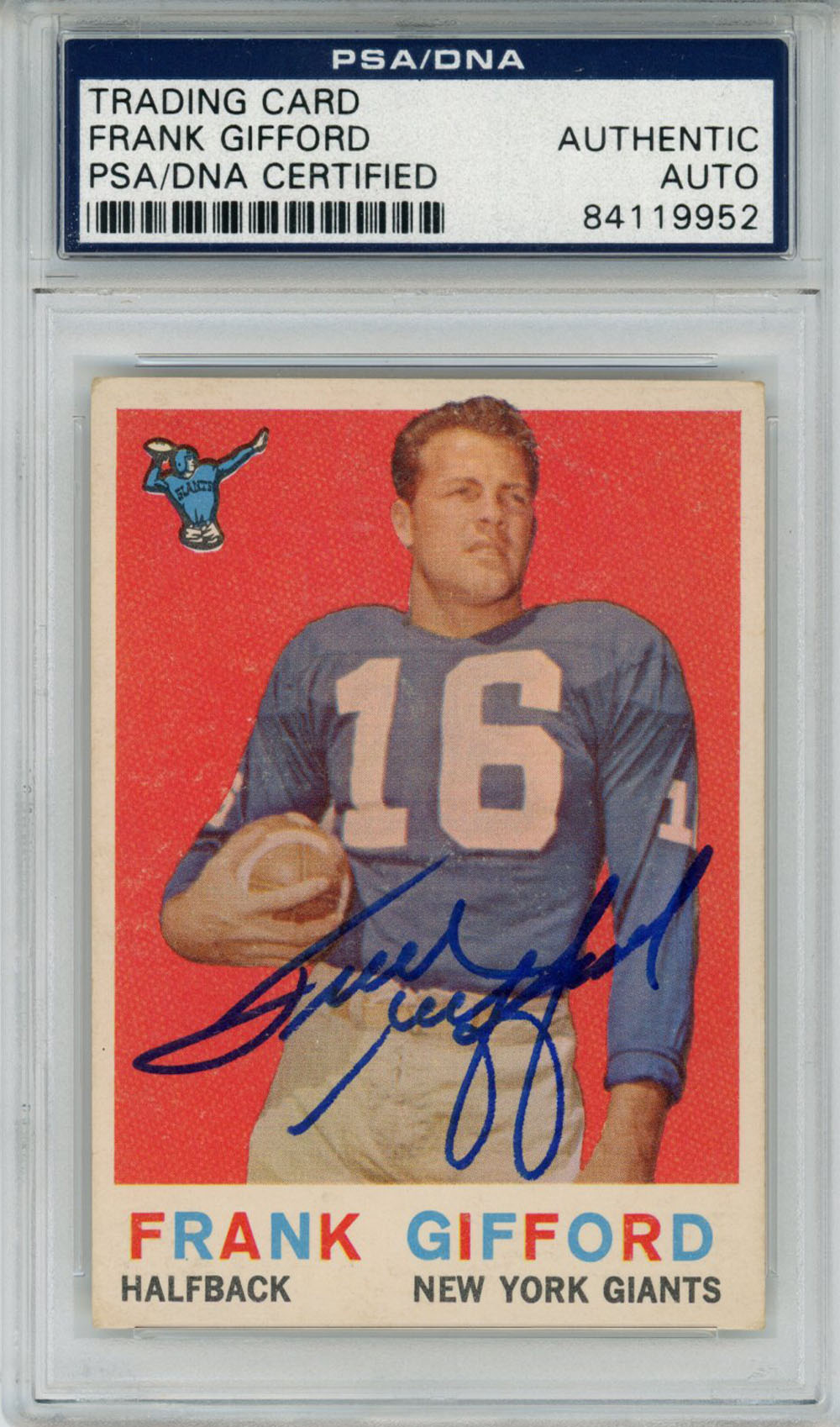 Frank Gifford Signed 1959 Topps #20 Trading Card PSA Slab