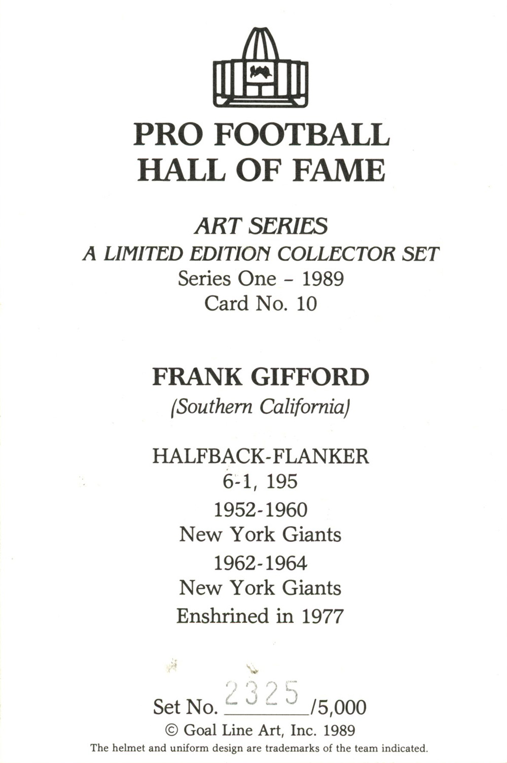 Frank Gifford Unsigned New York Giants 1989 Series One Goal Line Art Card