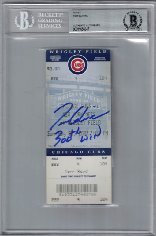 Tom Glavine Autographed/Signed Chicago Cubs Ticket 300th Win BAS Slab 25248
