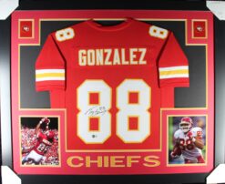 Tony Gonzalez Autographed/Signed Pro Style Red XL Framed Jersey Beckett 51216
