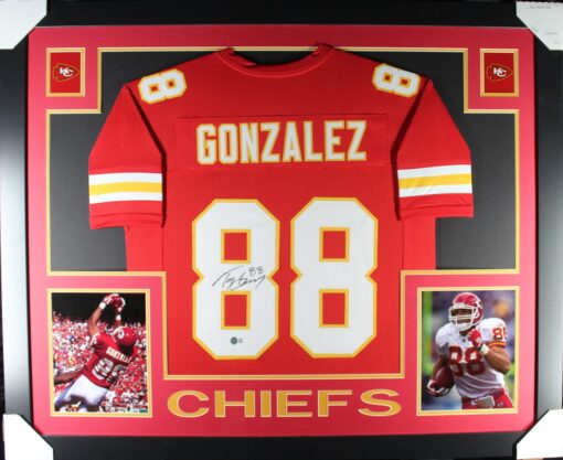 Tony Gonzalez Autographed/Signed Pro Style Red XL Framed Jersey Beckett 51216