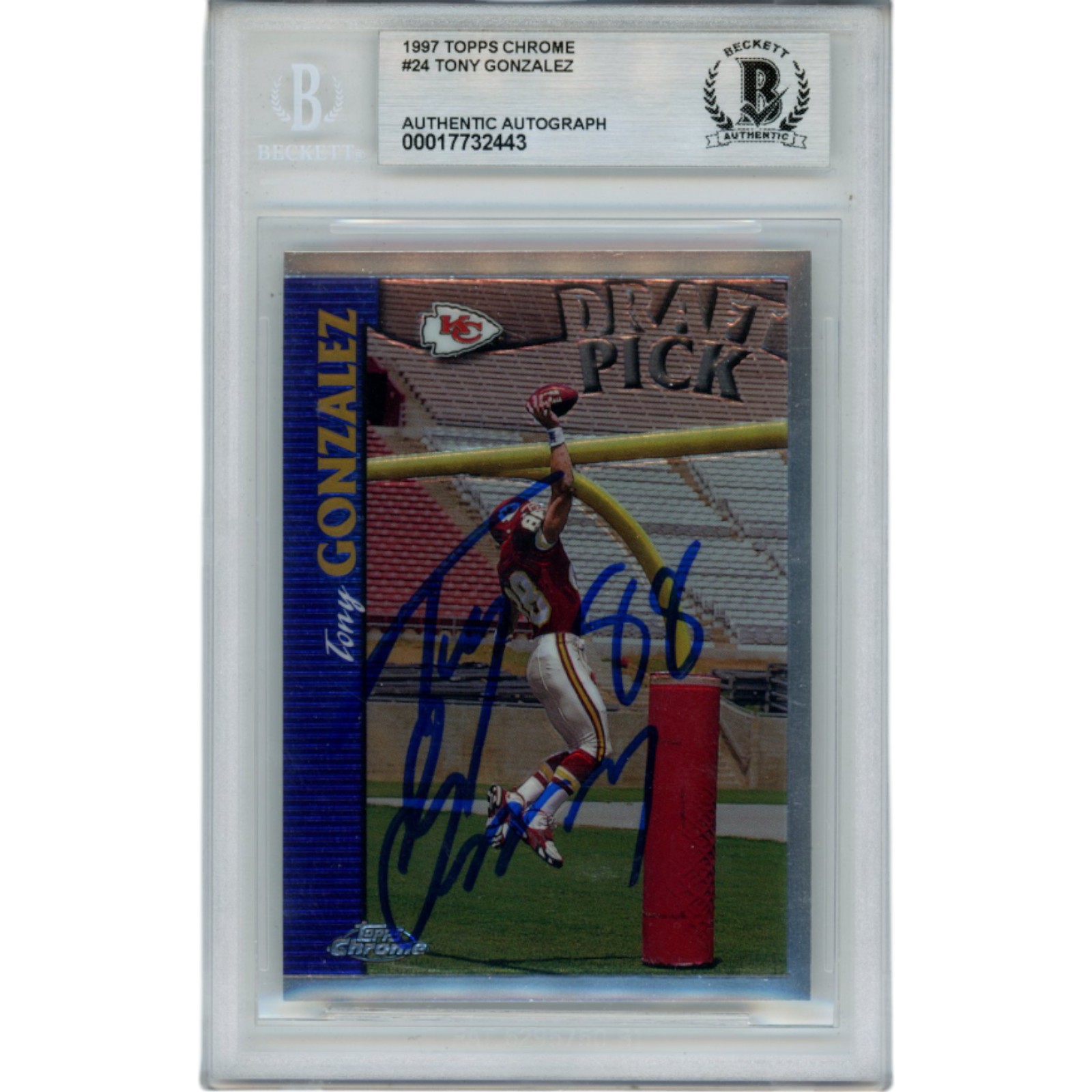 Tony Gonzalez Signed 1997 Topps Chrome #24 Slabbed Trading Card Beckett 47436