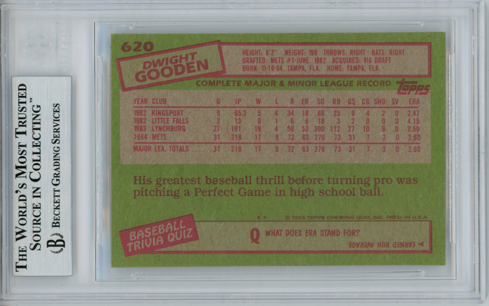 Dwight Gooden Autographed 1985 Topps Rookie Trading Card BAS Slab