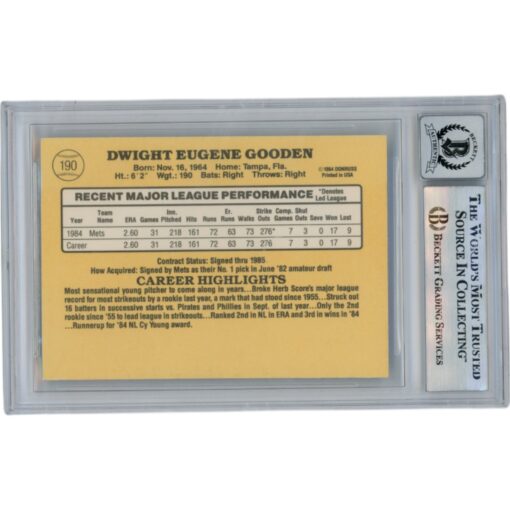 Dwight Gooden Autographed 1985 Donruss #190 Slabbed Trading Card Beckett 50645