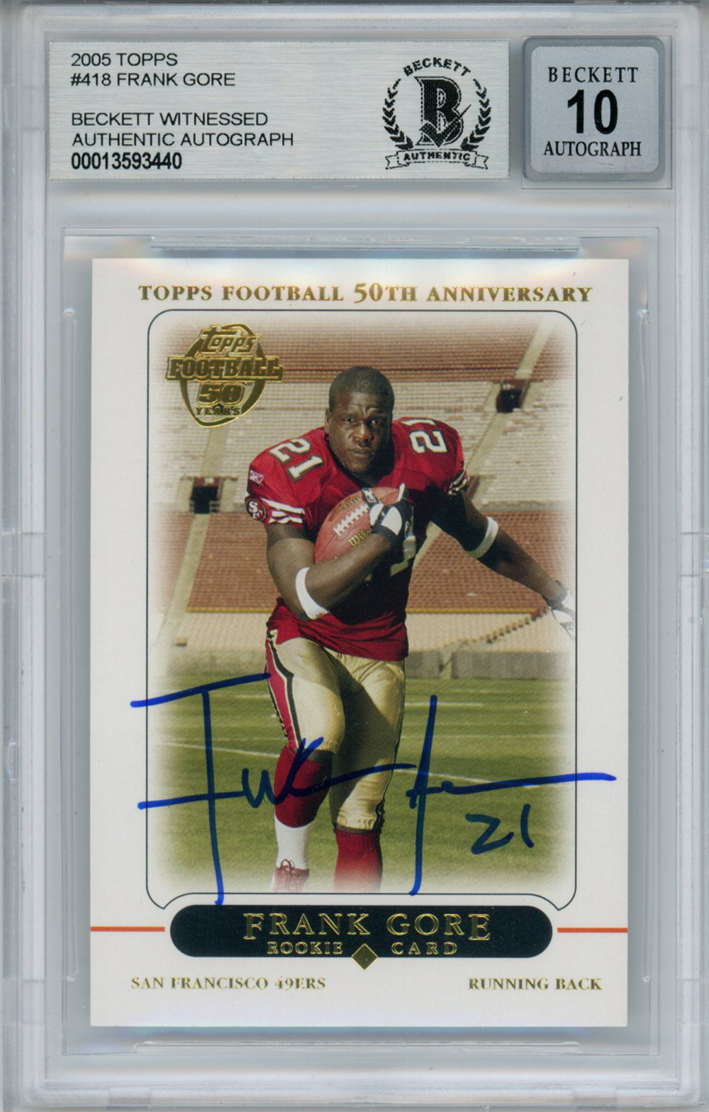 Frank Gore Autographed 2005 Topps #418 Rookie Card Beckett 10 Slab