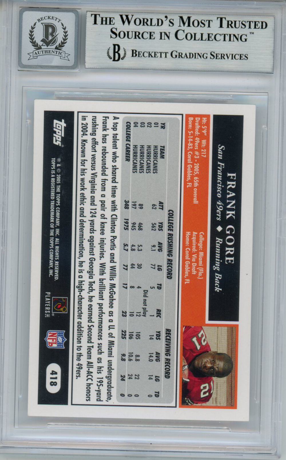 Frank Gore Autographed 2005 Topps #418 Rookie Card Beckett 10 Slab