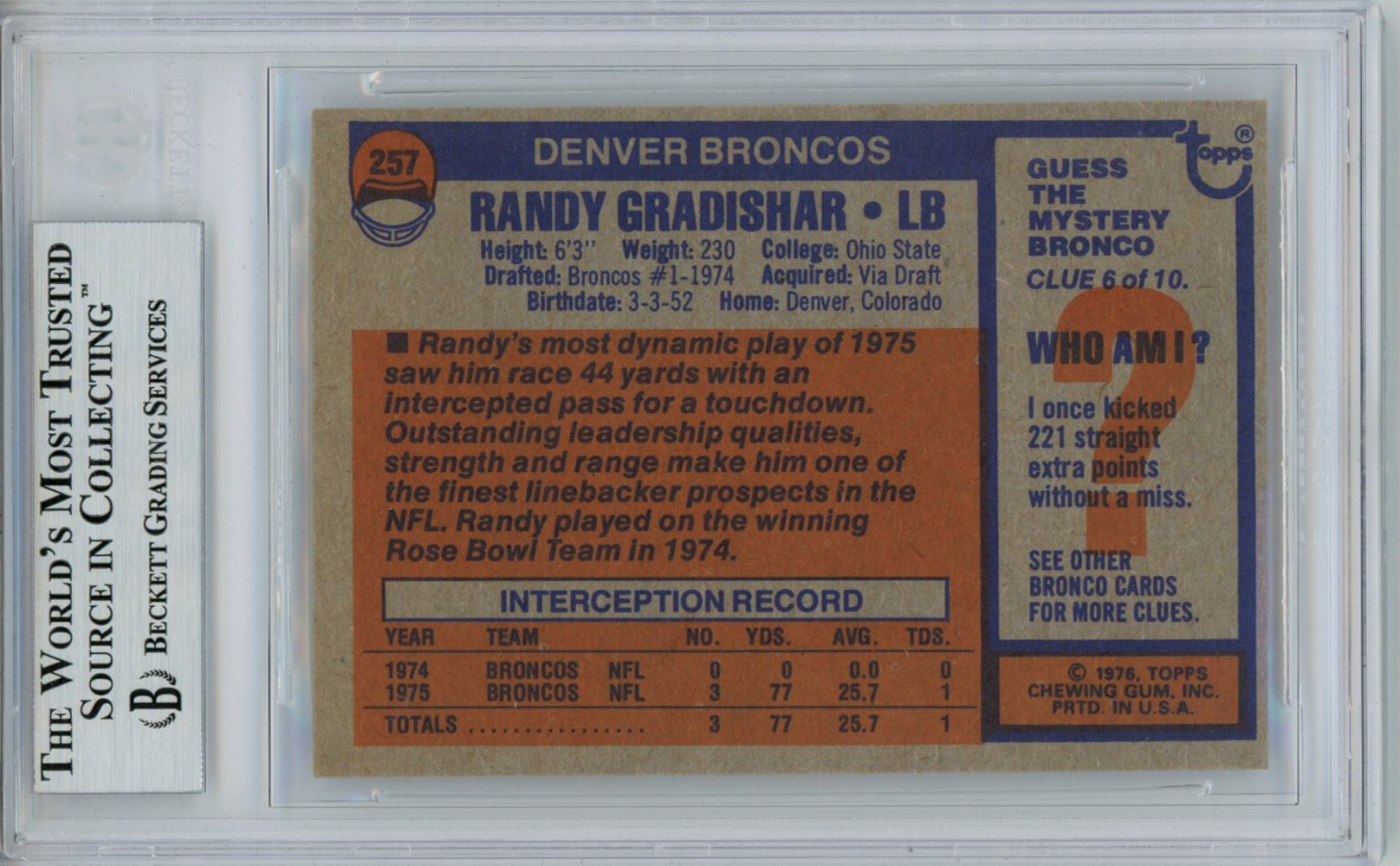 Randy Gradishar Autographed 1976 Topps #257 Rookie Card BAS Slab
