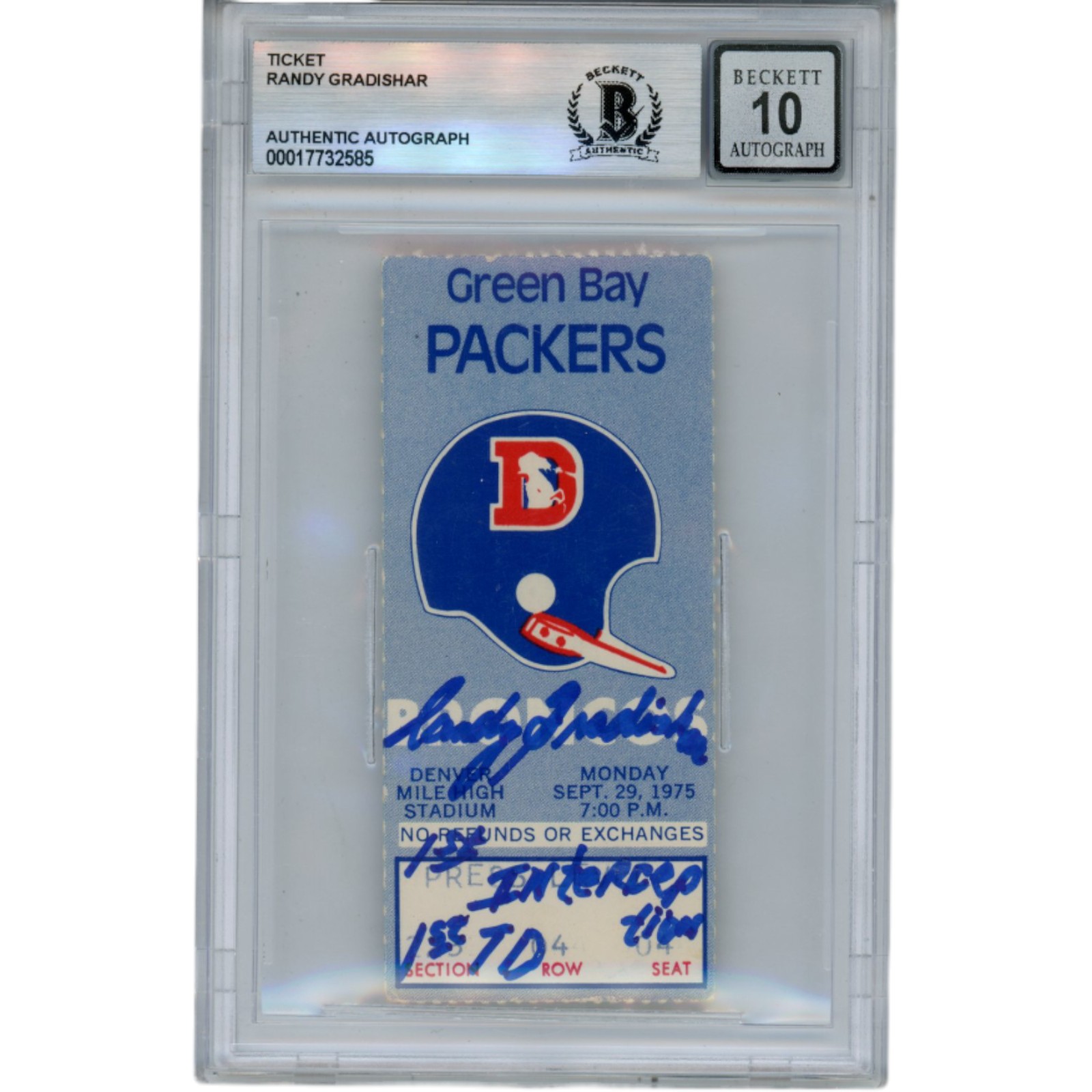 Randy Gradishar Signed Ticket Stub 11/29/75 v Packers 1st INT Slab Beckett 49079