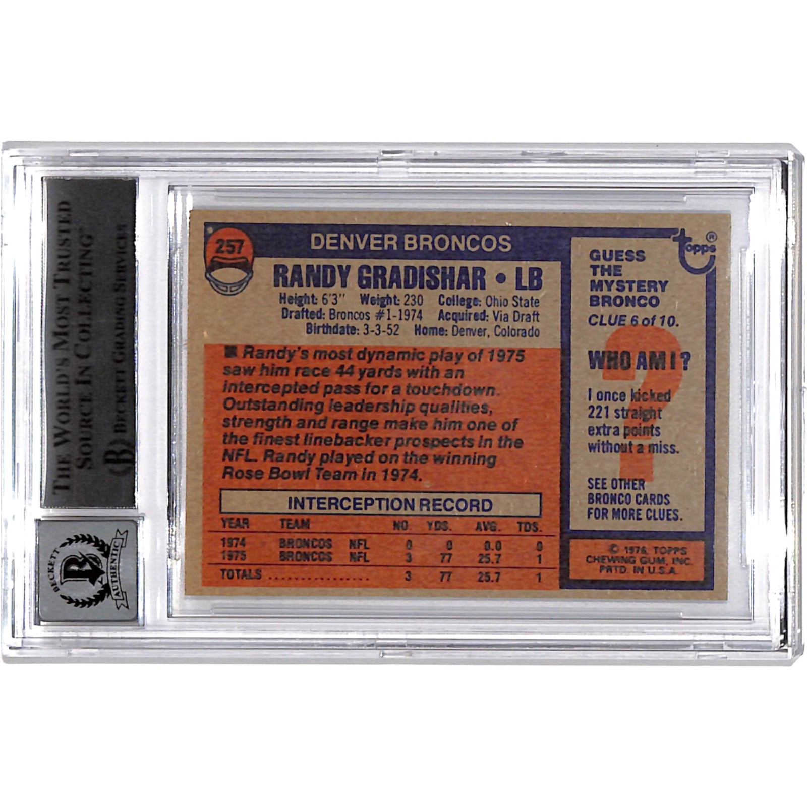 Randy Gradishar Signed 1976 Topps #257 Trading Card 10 Auto Slab BAS 44541