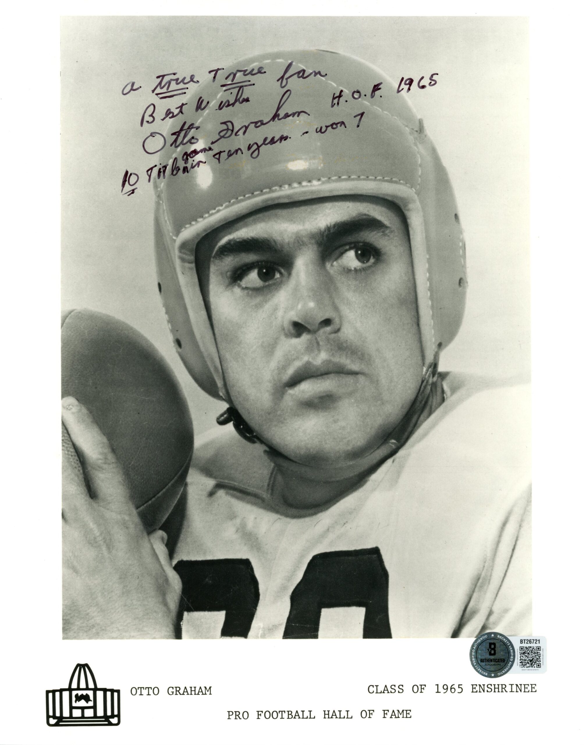 Otto Graham Signed Cleveland Browns 8x10 Photo HOF 65 Class 4 Insc Beckett 56624 1 Otto Graham Signed Cleveland Browns 8x10 Photo HOF 65 Class 4 Insc Beckett 56624