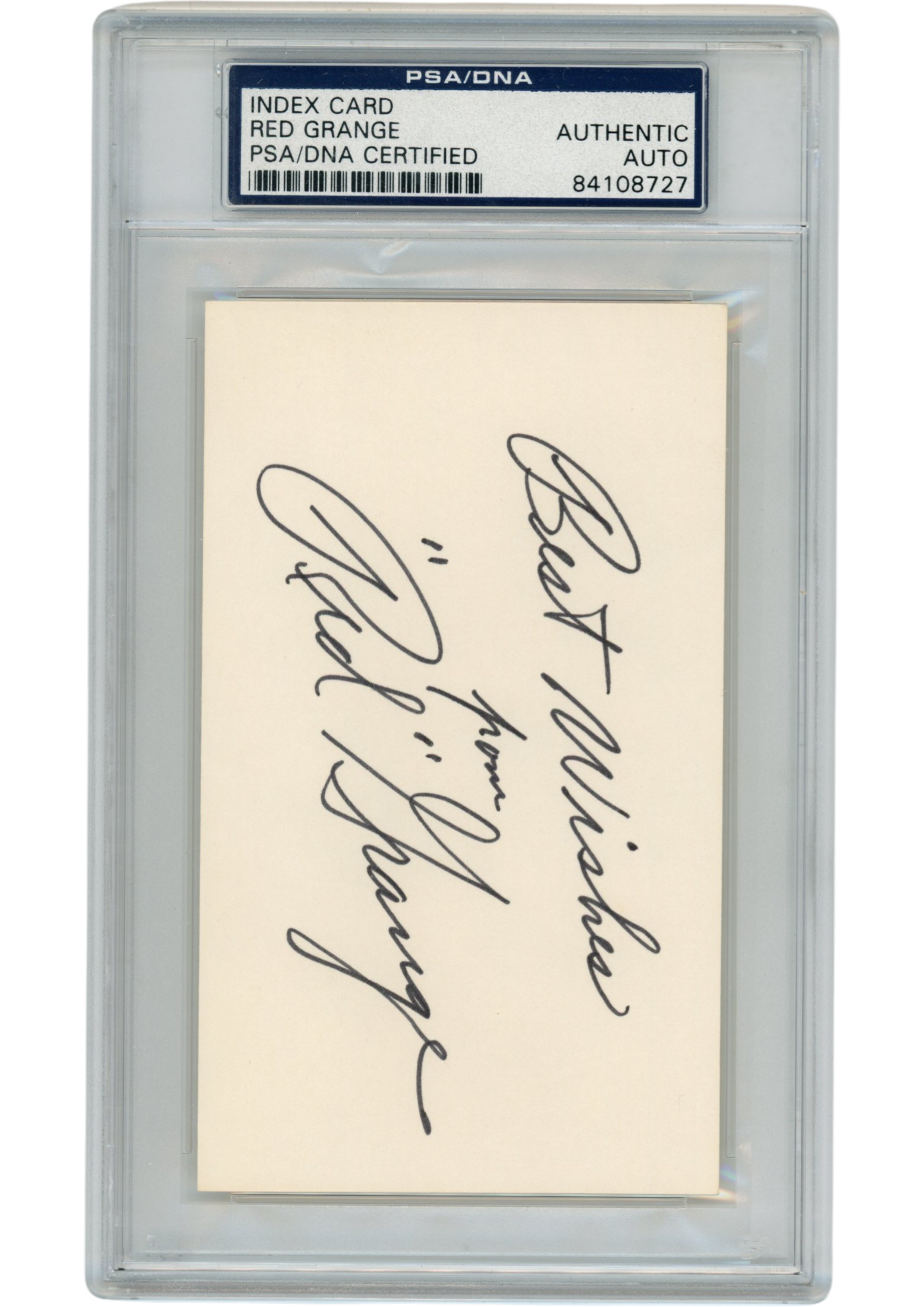Red Grange Autographed Chicago Bears Index Card Best Wishes Slab PSA 54882