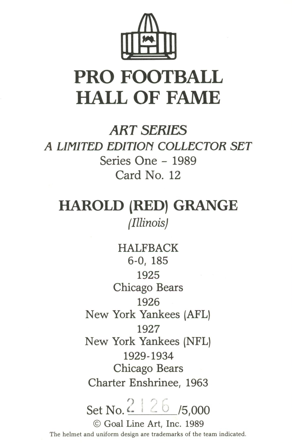 Harold "Red" Grange Chicago Bears Goal Line Art Card Series 1 #12 LE /5000 58075 2 Harold "Red" Grange Chicago Bears Goal Line Art Card Series 1 #12 LE /5000 58075
