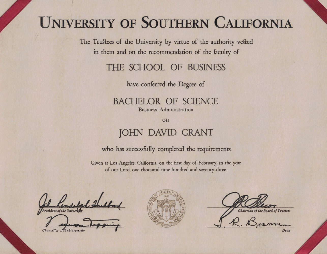 John David Grant USC School Of Business Bachelor Of Science Diploma 28904