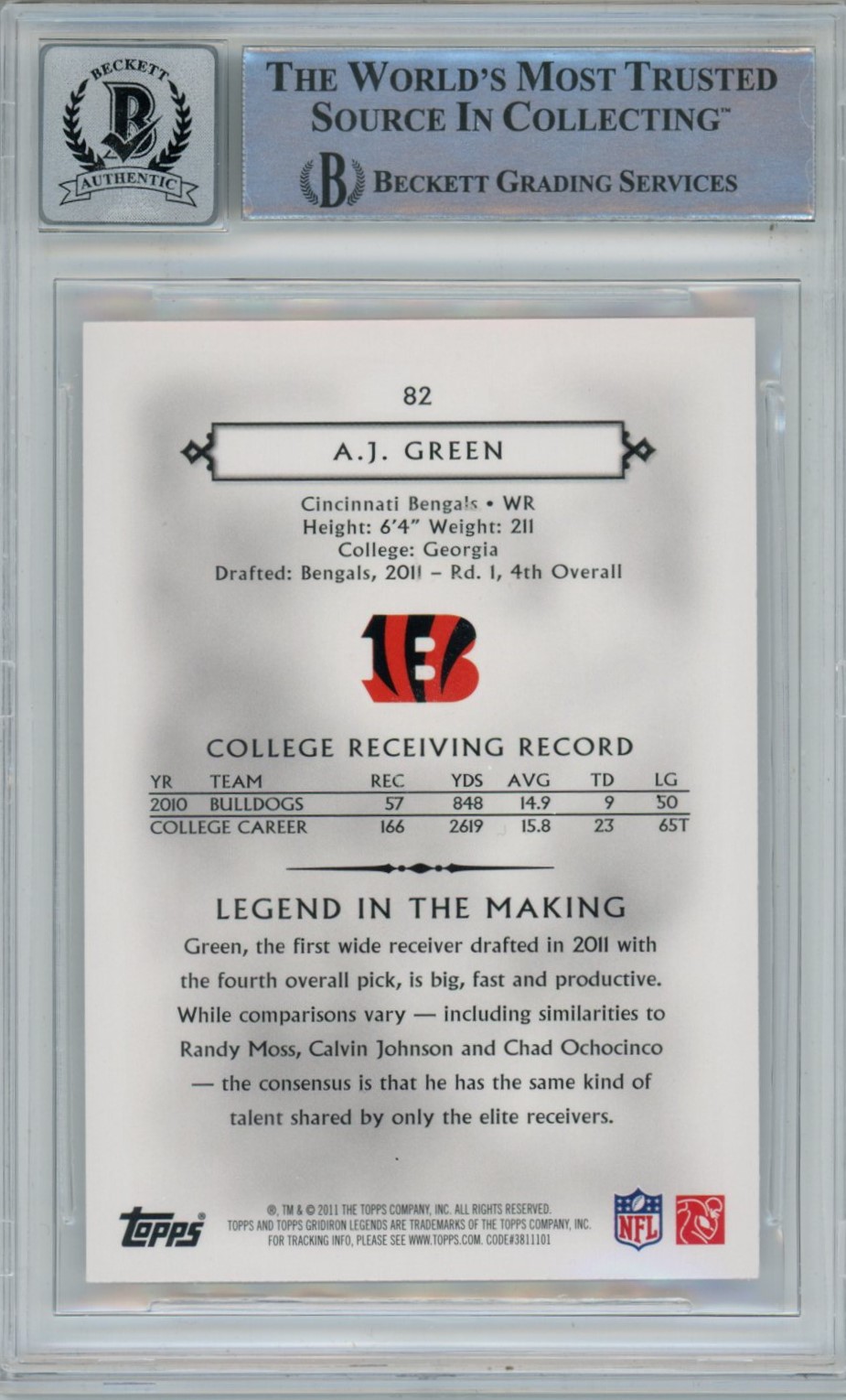 AJ Green Signed Bengals 2011 Topps Legends #82 Beckett Auto 10